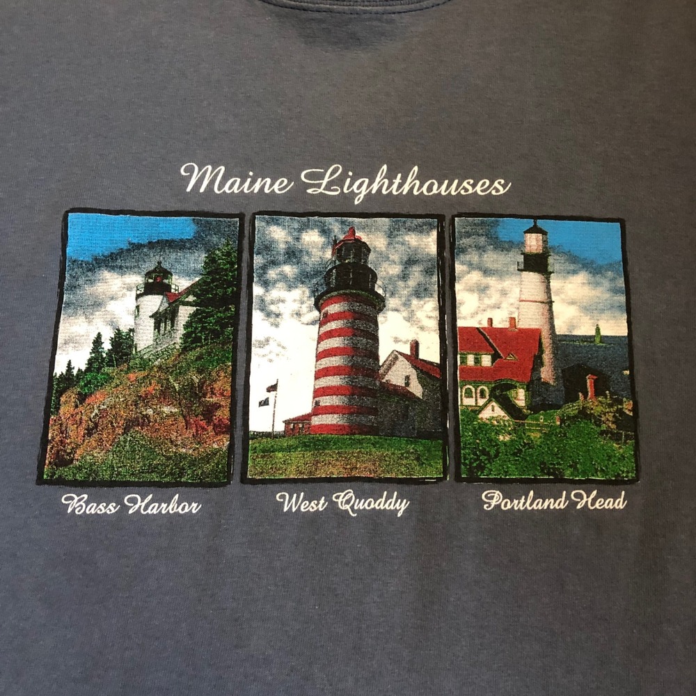 Vtg 90s Maine Lighthouses Anvil T-Shirt Mens Large Blue Bass Harbor West Quoddy